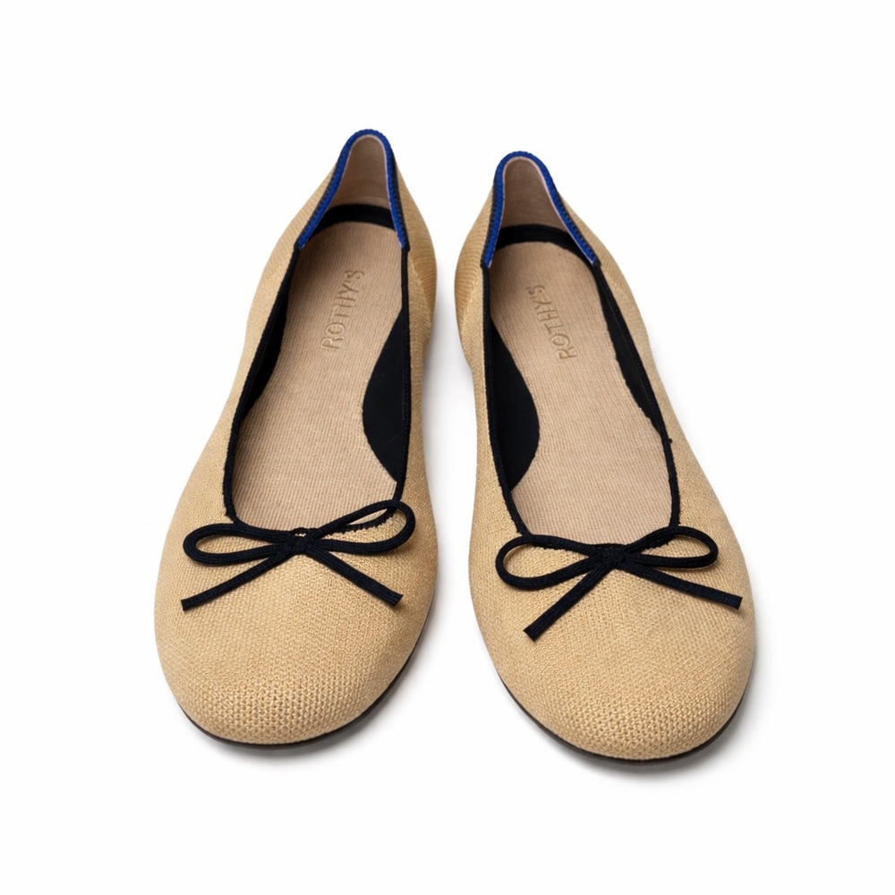 Rothy’s Tan Knit Ballet Flats Black Bow Round Toe Sustainable Size 9.5
